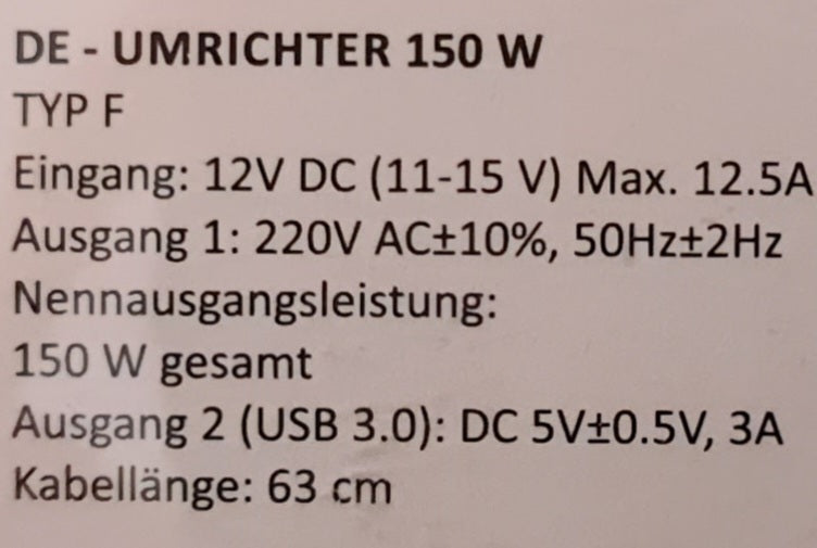 Nor-Tec Inverter 150W Sinus-Wechselrichter 150 Watt Zigarettenanzünder 12v zu 220V mit USB