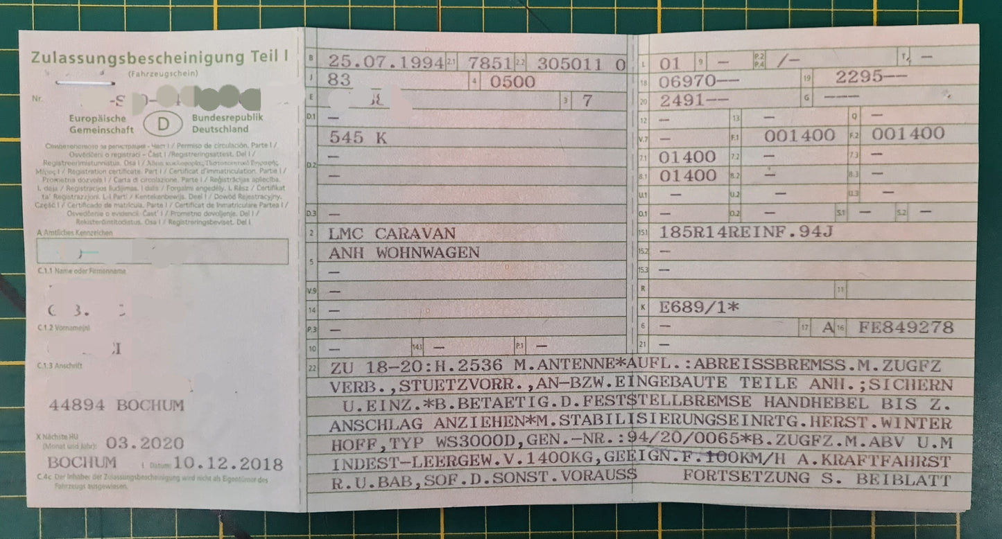 LMC Wohnwagen / AL-KO Fahrwerk Fahrgestell 545 K von 1994 Achse 1400 kg zulässiges Gesamtgewicht