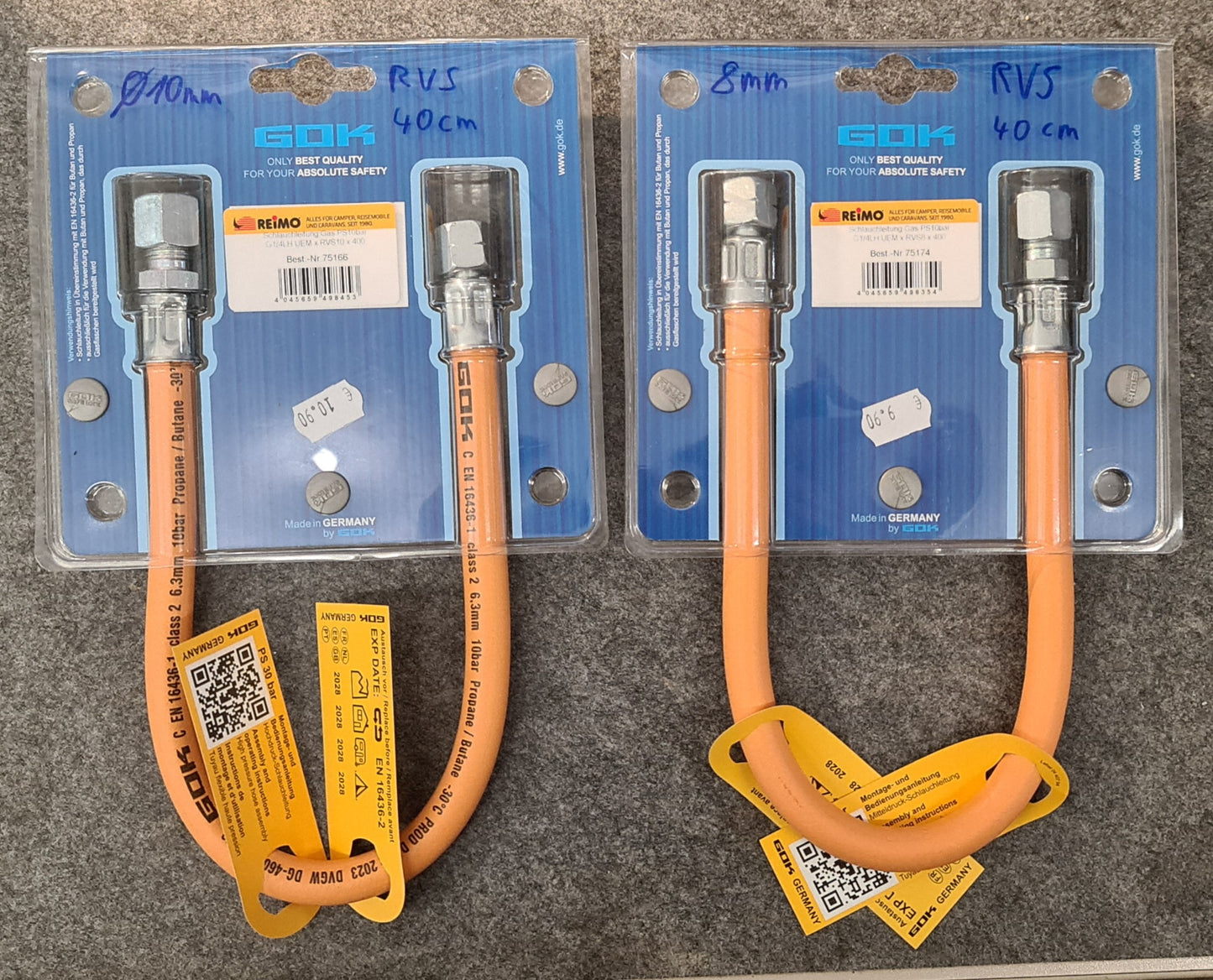 GOK Gasschlauch 40 cm / Mitteldruck-Schlauchleitung G 1/4 LH-ÜM 8 mm RVS bzw. 10 mm RVS