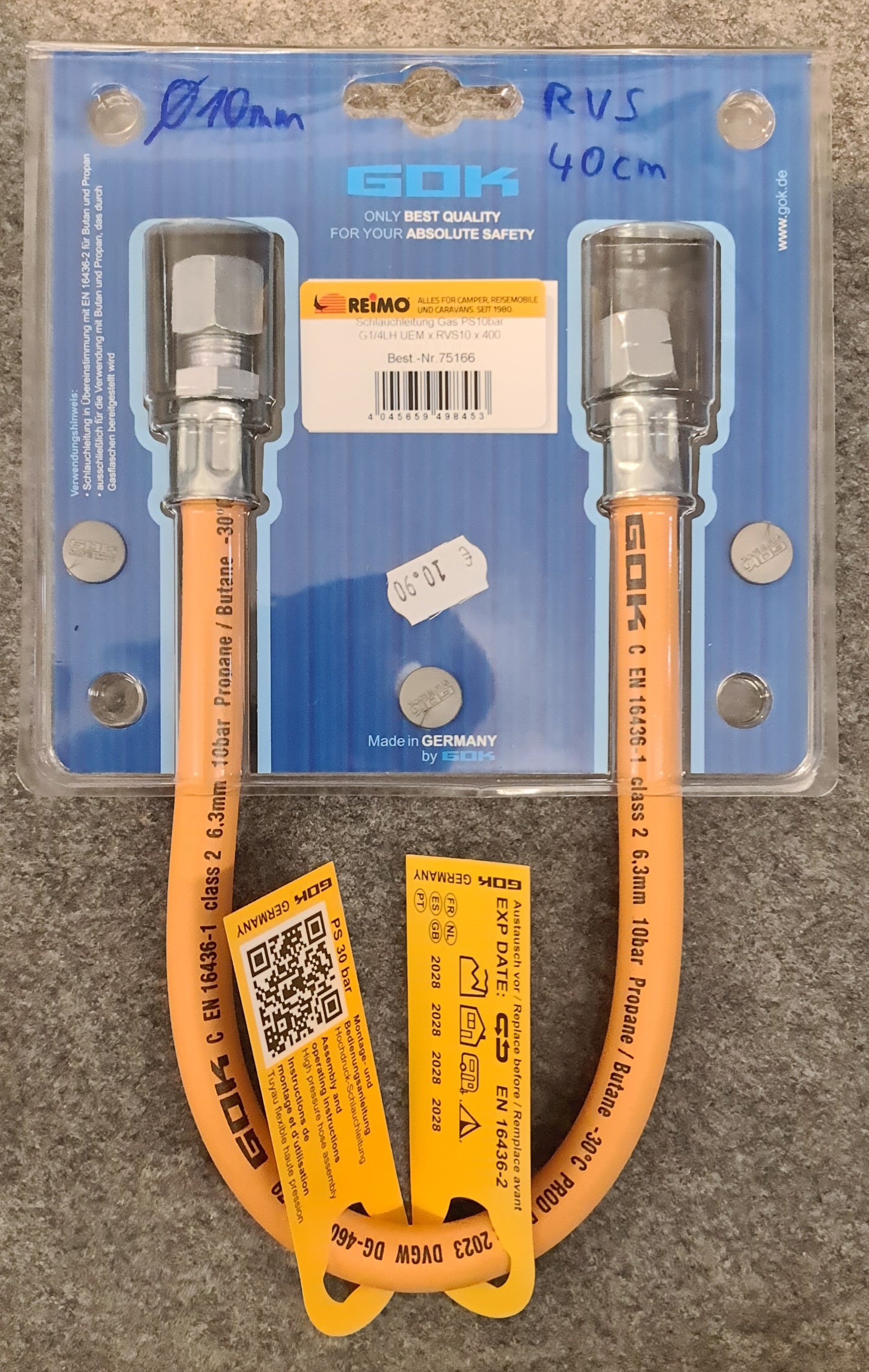 GOK Gasschlauch 40 cm / Mitteldruck-Schlauchleitung G 1/4 LH-ÜM 8 mm RVS bzw. 10 mm RVS