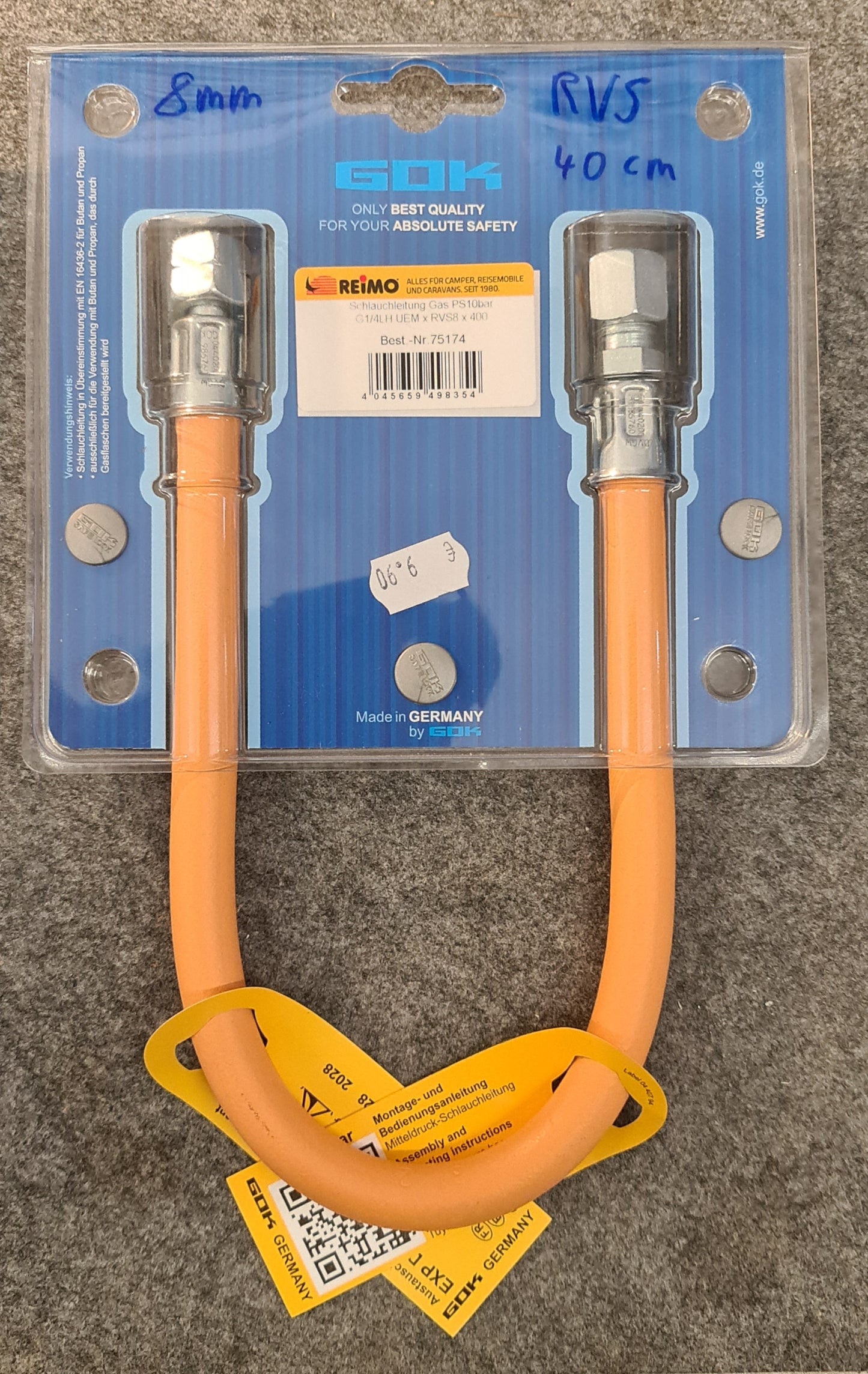 GOK Gasschlauch 40 cm / Mitteldruck-Schlauchleitung G 1/4 LH-ÜM 8 mm RVS bzw. 10 mm RVS