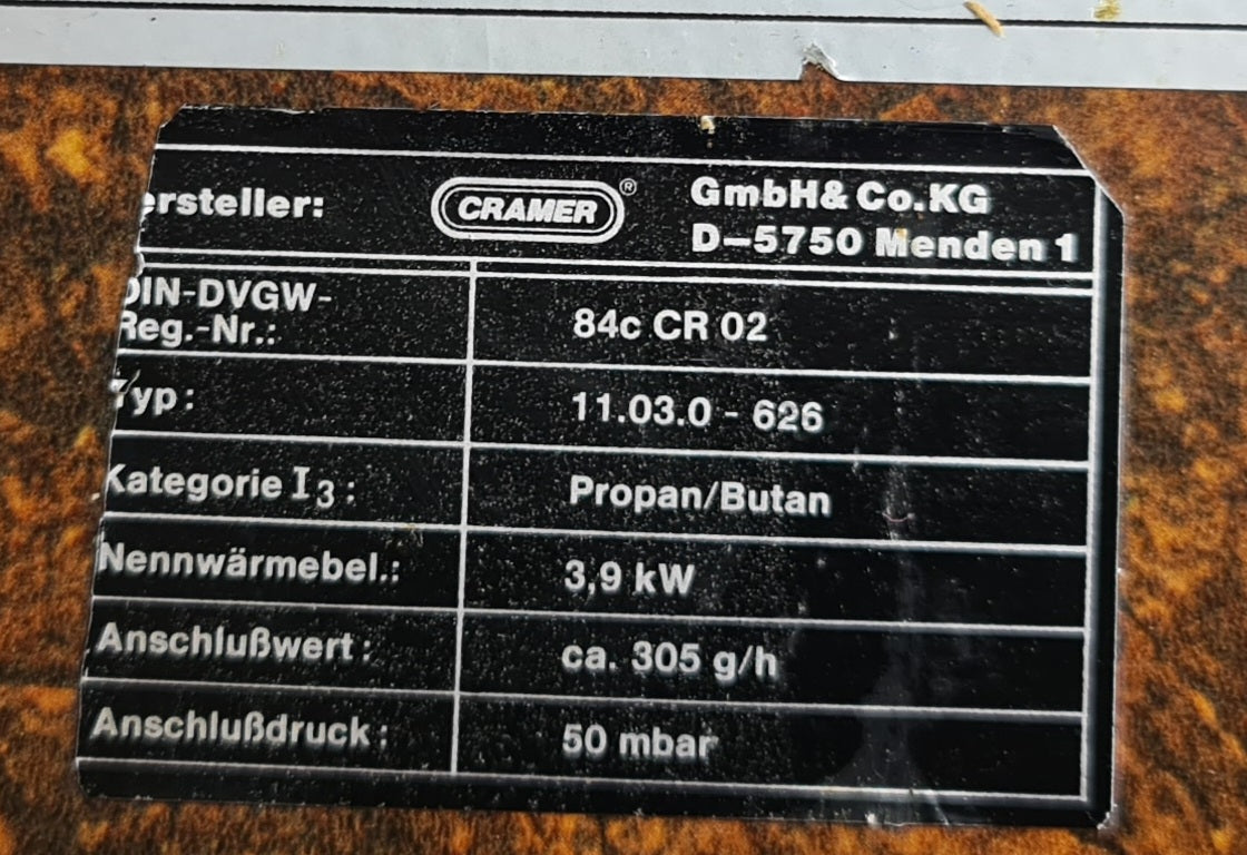 Typenschild Cramer Kochfeld 84 c CR 06 Typ 623 50 mbar / 84c CR 02 Typ 11.03.0 - 626 50 mbar