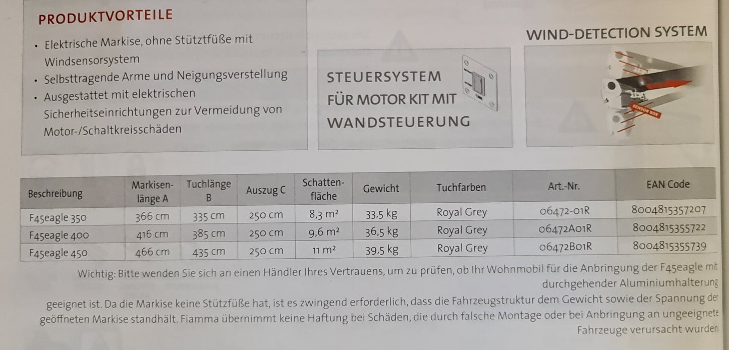 Fiamma F45 Eagle 400 Gelenkarmmarkise 400 cm breit Polar White / Tuch Royal Grey Art.Nr. 06472A01R