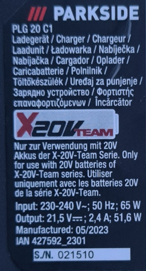 Parkside Akku-Ladegerät PLG20C1 / PLG20A1 für 20V Akkus der X-20V-Team-Serie