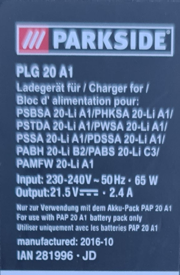 Parkside Akku-Ladegerät PLG20C1 / PLG20A1 für 20V Akkus der X-20V-Team-Serie