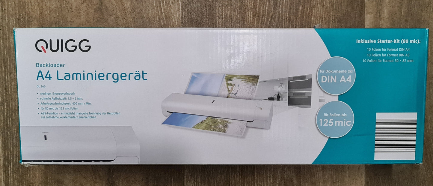QUIGG OL 260 DIN A4 Laminiergerät, Inklusive Laminierfolien Starter Kit, Weiß