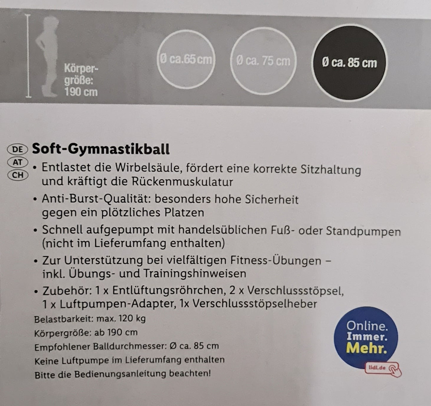 Crivit ( LIDL ) Soft-Gymnastikball 85 cm Durchmesser, für Körpergröße ca. 190 cm