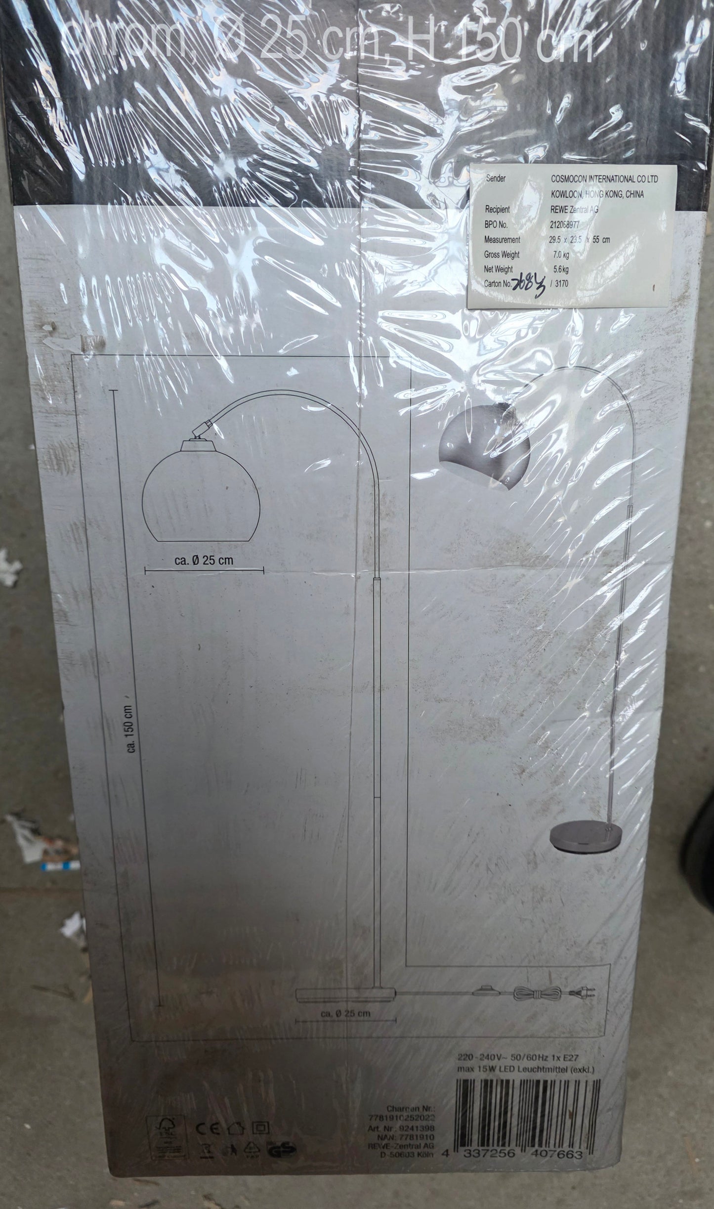 REWE Bogenstehleuchte Modell SL-CIL355V chrom, 150 cm hoch, E27