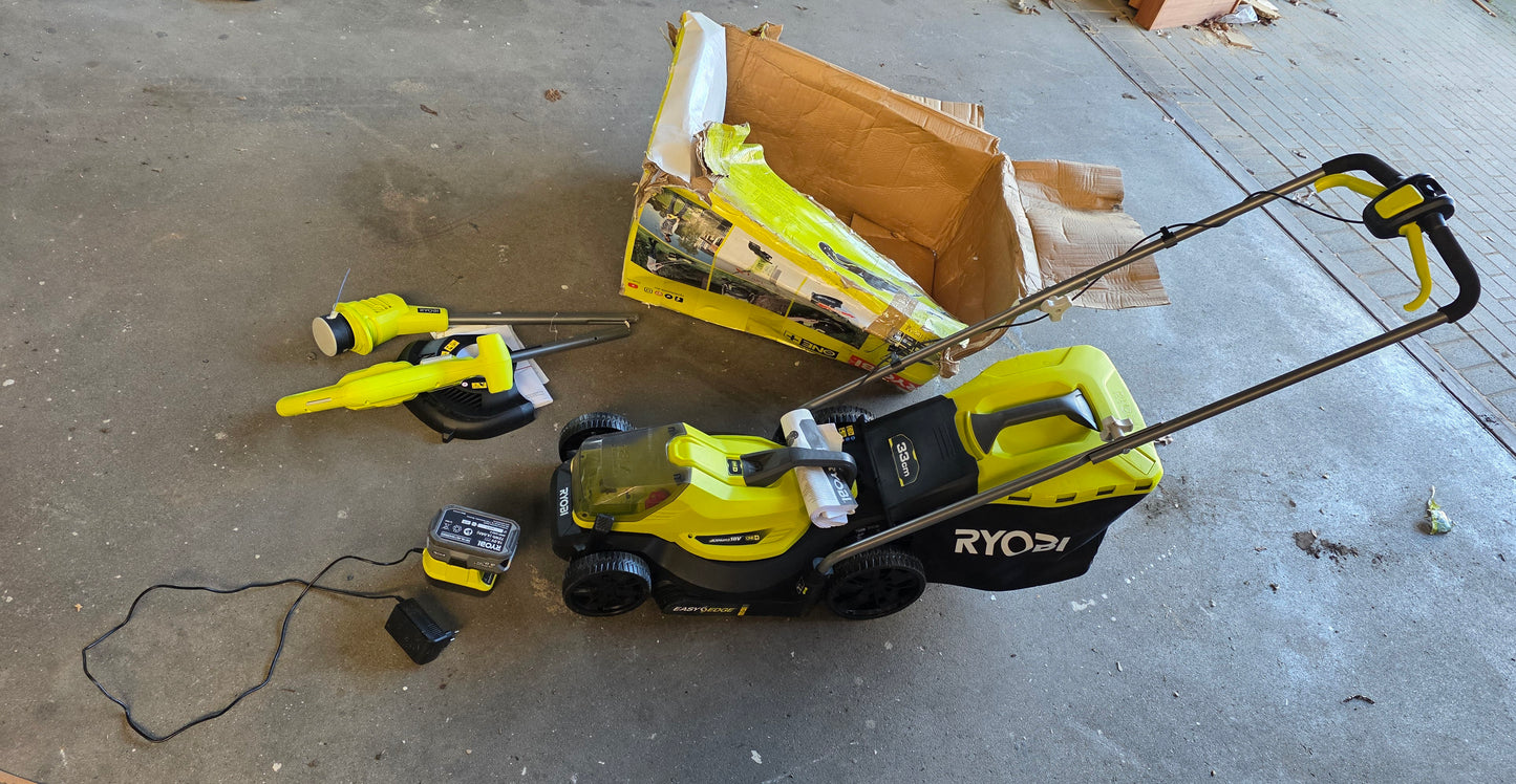 Ryobi ONE+ Akku-Rasenmäher-Set Kombo-Kit RLM1833BLT1825M mit Akku-Rasentrimmer