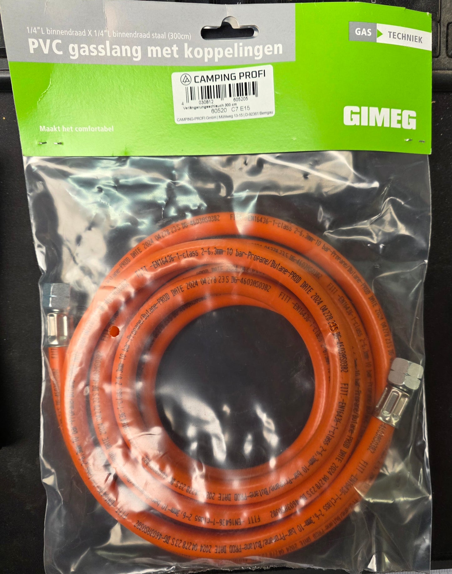 GIMEG Gas-Verlängerungsschlauch 300 cm 1/4" Überwurfmutter Linksgewinde beidseitig