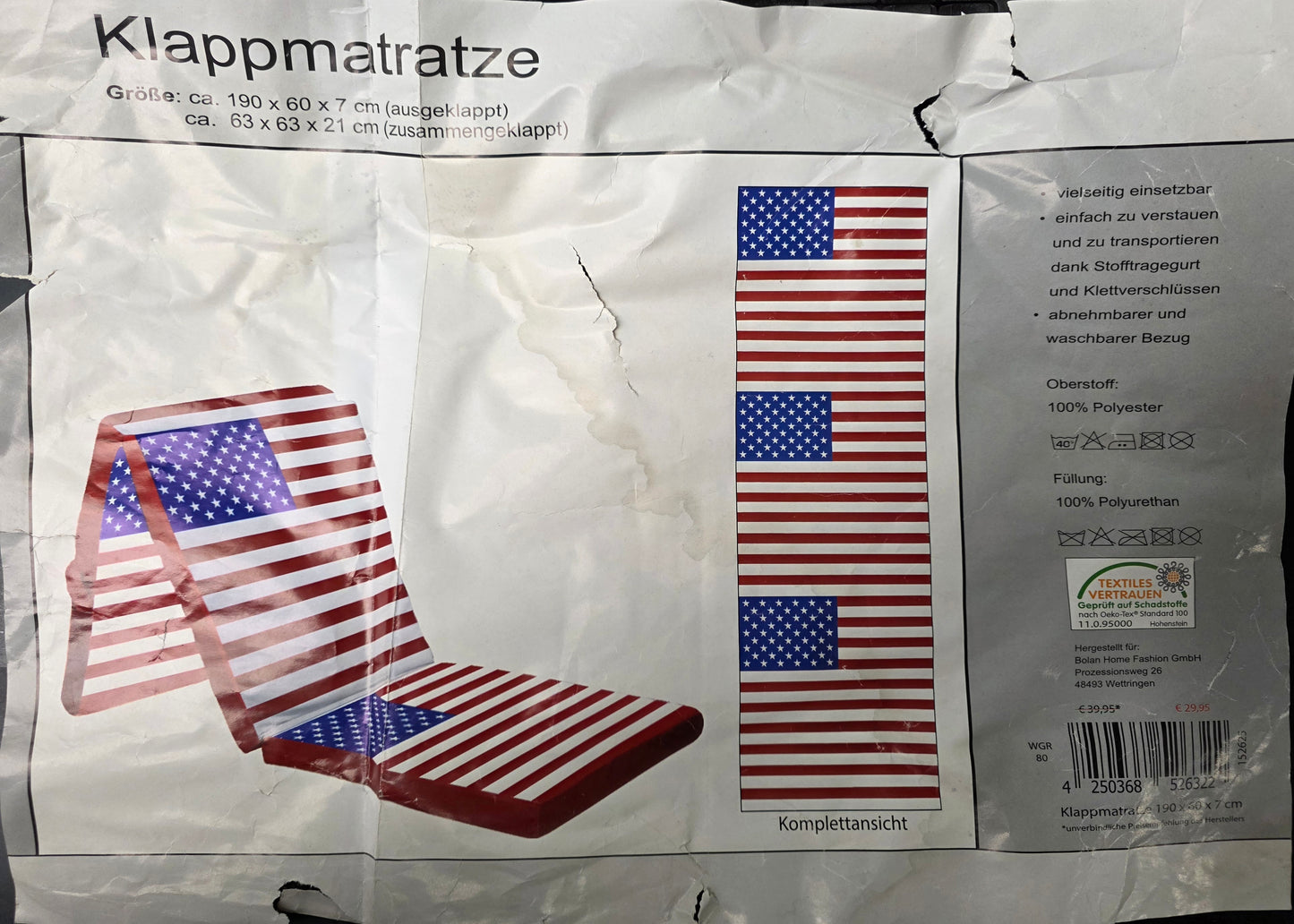 USA Schaumstoff-Klappmatratze Faltmatratze Gästebett 190x60x7 cm