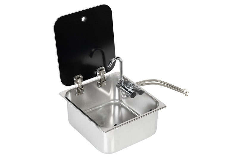 Carbest Spüle mit Glasabdeckung aus Edelstahl, mit Glasabdeckung und mit Wasserhahn