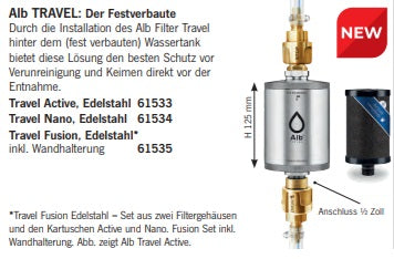 Alb TRAVEL festinstallierter chemiefreier Edelstahl-Wasserfilter / Trinkwasser, wahlweise Active, Nano, Fusion