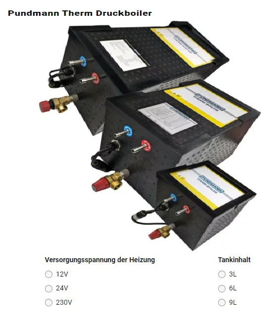 Pundmann Therm Druckboiler 3, 6, 9 Liter - 12V oder 24V oder 230V druckfeste Boiler