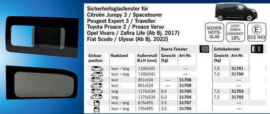 Carbest Starres Fenster od. Schiebefenster in Echtglas für Opel Vivaro C, Spacetourer und Baugleiche LR ab Baujahr 2016