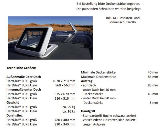 KCT HartGlas ® Luke klein / groß, Dachhaube 500 x500 mm bzw. 960x655 mm für Expeditions- und Fernreisemobile Dachluke Dachfenster