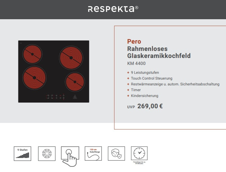 Respekta KM4400-28 Modell: Pero Rahmenloses Glaskeramikkochfeld