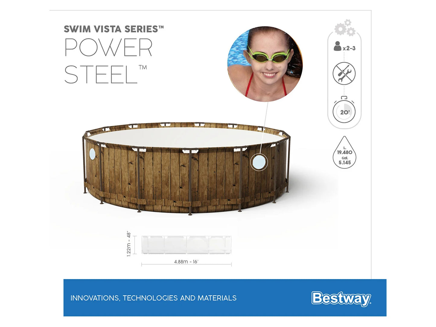 Bestway Power Steel Swim Vista 488x122 488 cm Durchmesser, 19.480 Liter, mit Pumpe, Leiter, Abdeckplane usw.