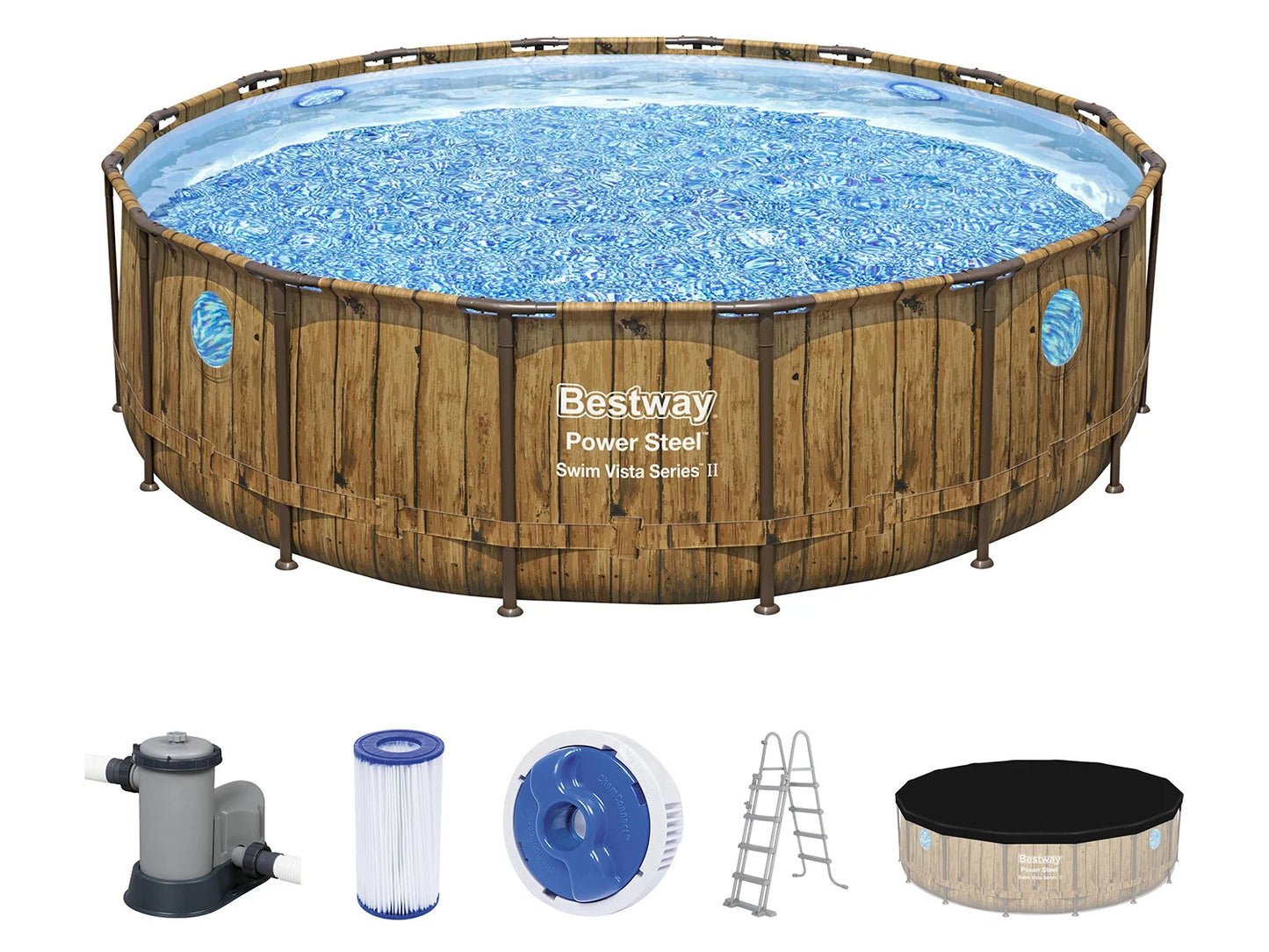 Bestway Power Steel Swim Vista 488x122 488 cm Durchmesser, 19.480 Liter, mit Pumpe, Leiter, Abdeckplane usw.