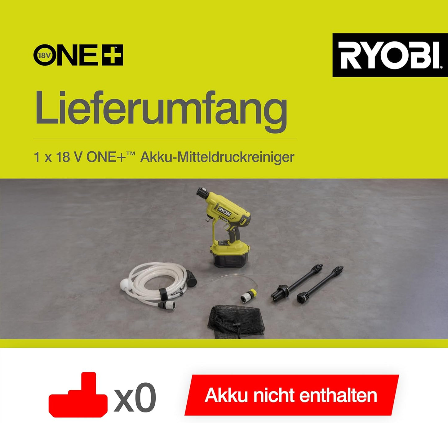 Ryobi Akku-Hochdruckreiniger RYOBI 18 V ONE+ Akku-Mitteldruckreiniger RY18PWX41A-125P