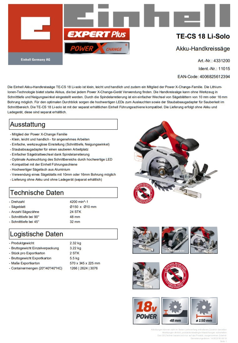 Einhell Akku-Handkreissäge TE-CS 18 Li Solo / TE-CS 18/150 Li Akku-Handkreissäge solo