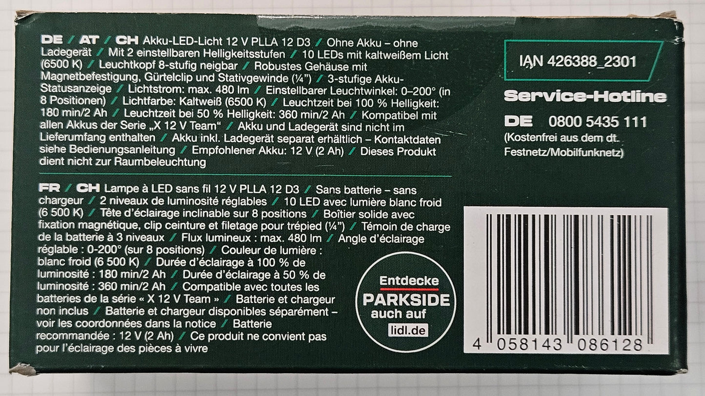 PARKSIDE® 12 V Akku-LED-Arbeitslicht »PLLA 12 D3«, ohne Akku und Ladegerät, LED-Strahler