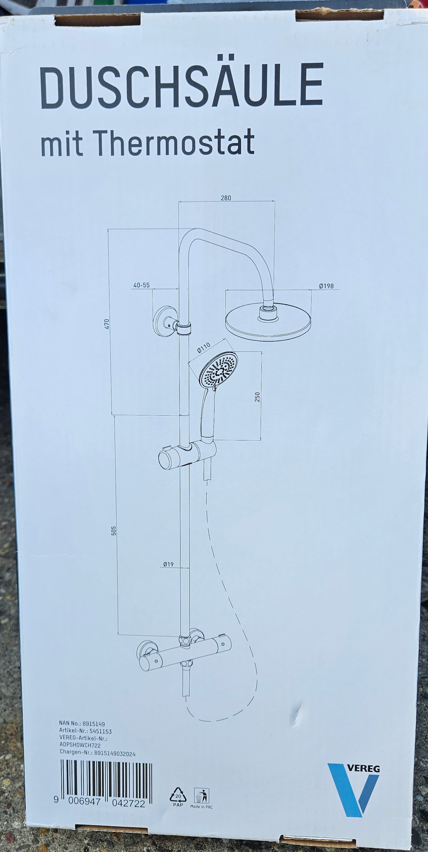 Verosan Pro Duschsäule mit Thermostat Überkopfbrause Regendusche, wahlweise in chrom oder matt schwarz