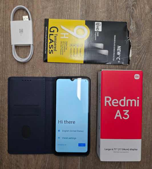 Xiaomi Redmi A3 Dual-SIM Handy Smartphone Midnight Black, 3GB RAM / 64GB ROM + Zubehör