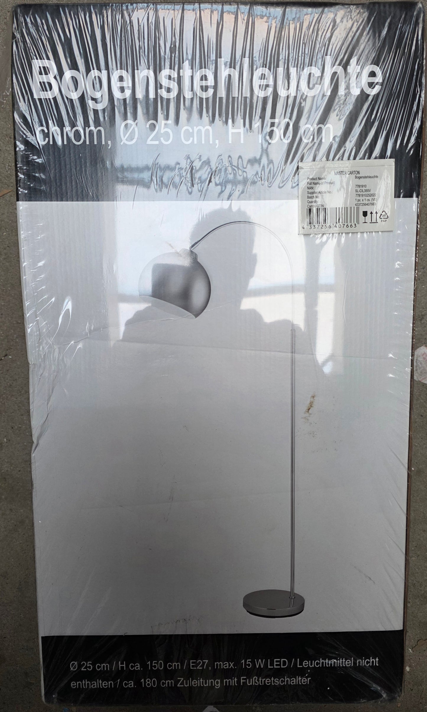 REWE Bogenstehleuchte Modell SL-CIL355V chrom, 150 cm hoch, E27
