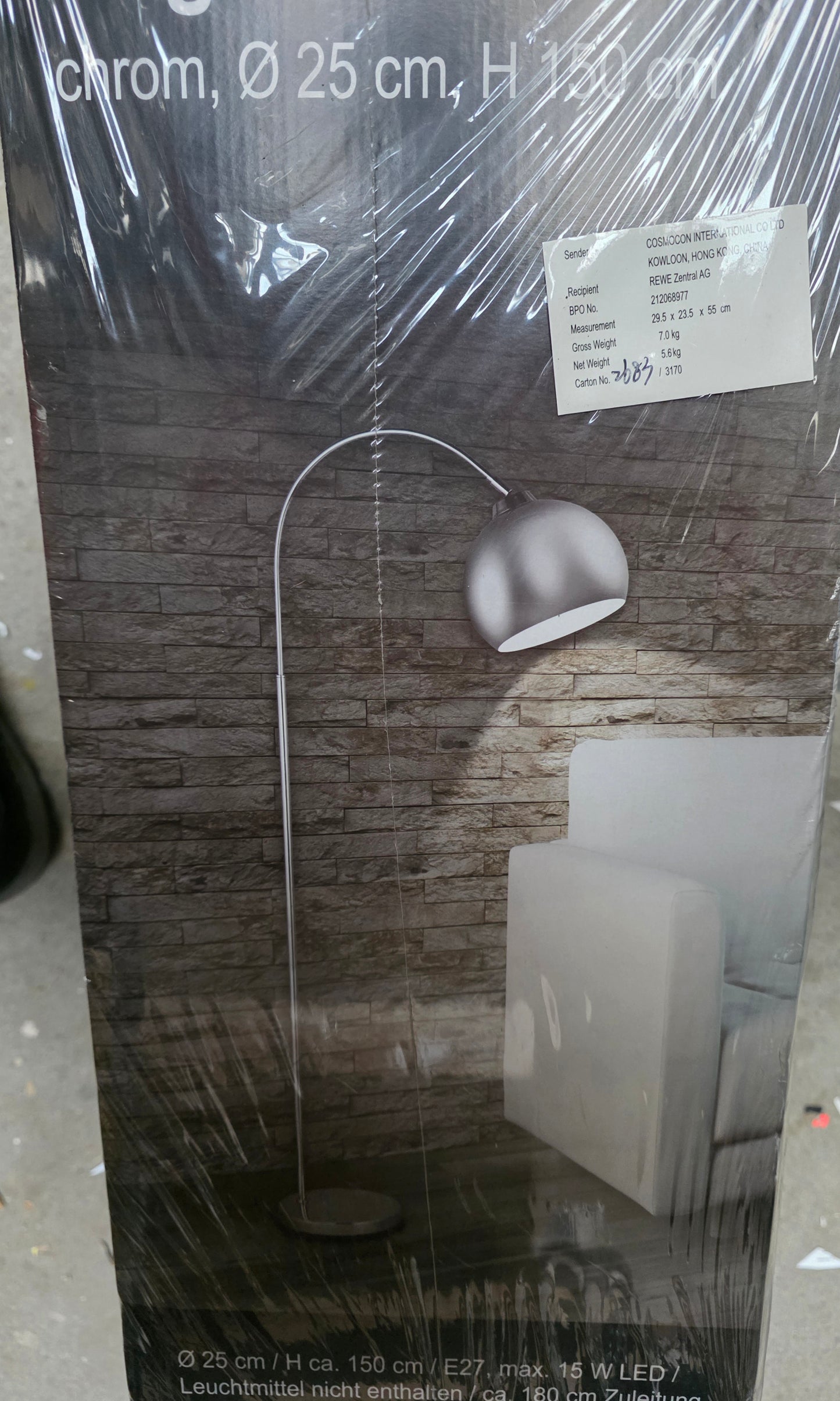 REWE Bogenstehleuchte Modell SL-CIL355V chrom, 150 cm hoch, E27