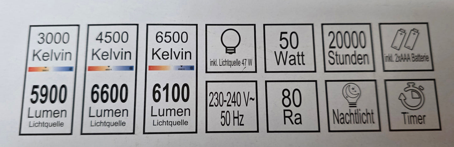 LED Deckenleuchte 50 cm 6100 Lumen 6500 Lelvin 50 Watt mit Farbtemperatur-Steuerung & Fernbedienung