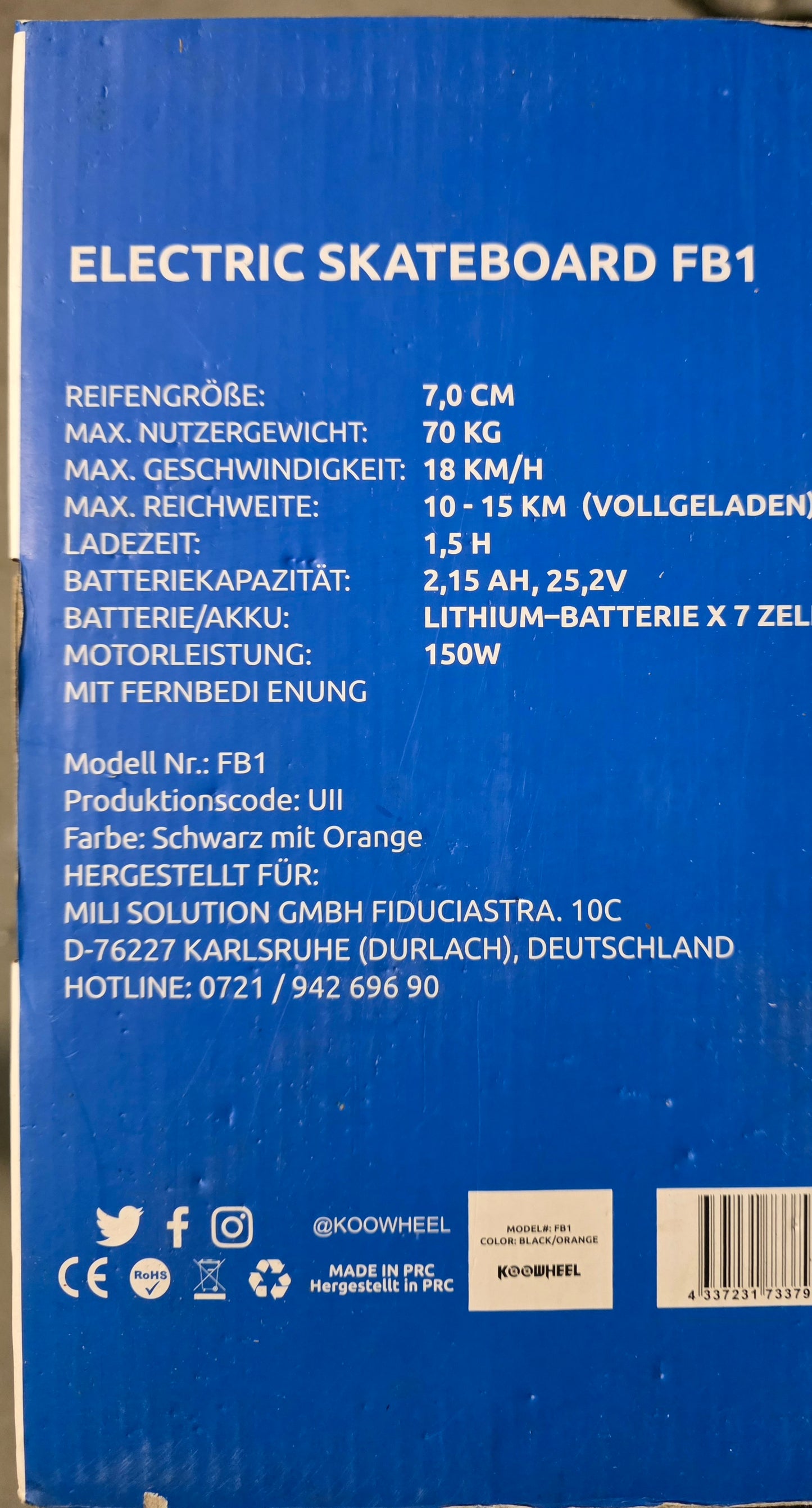 Koowheel FB1 E-Skateboard 18 km/h 15 km Reichweite  150W Motor