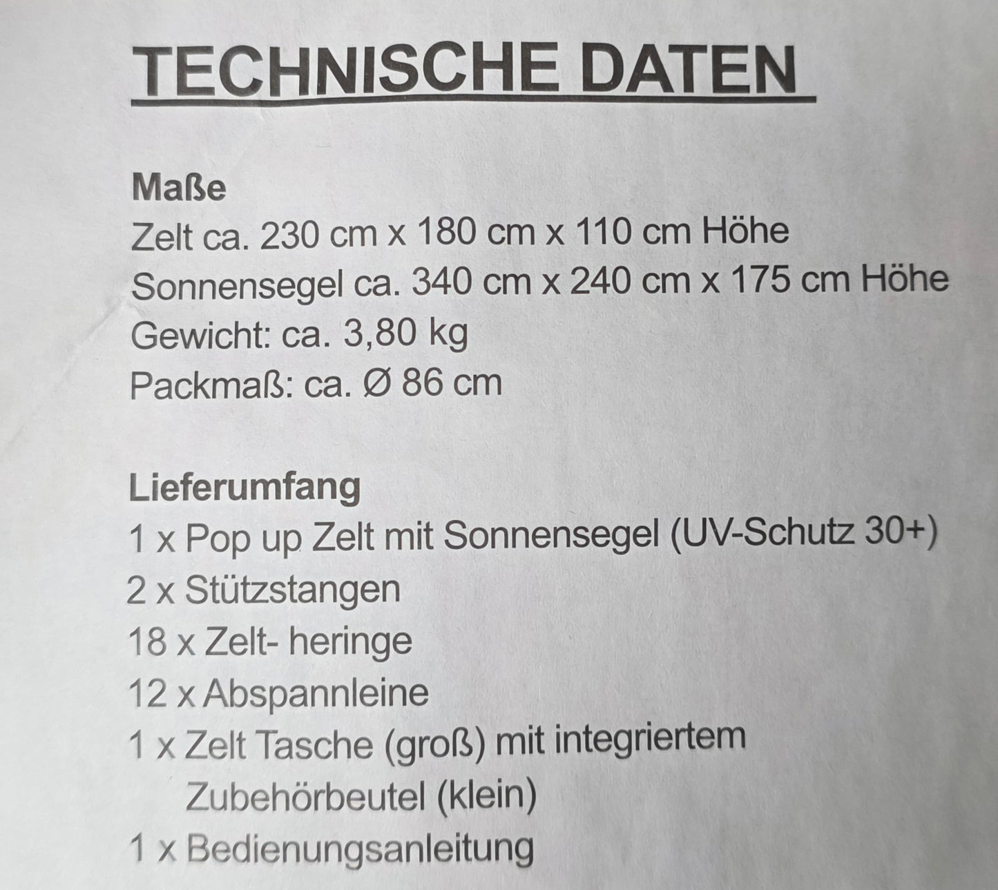 Pop-Up Zelt mit Sonnensegel / Wurfzelt