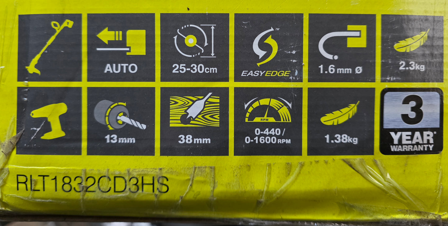 Ryobi RLT1832CD3HS2 Akku-Rasentrimmer + gratis Akku-Bohrschrauber incl. 2x 2Ah-Akku & Schnellladegerät