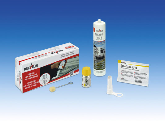 Dekalin Klebe-Set für Sat-Anlagen und Solar-Module enthält: 290ml Dekasyl MS-5 weiß, 30ml Dekavator & Zubehör 500791