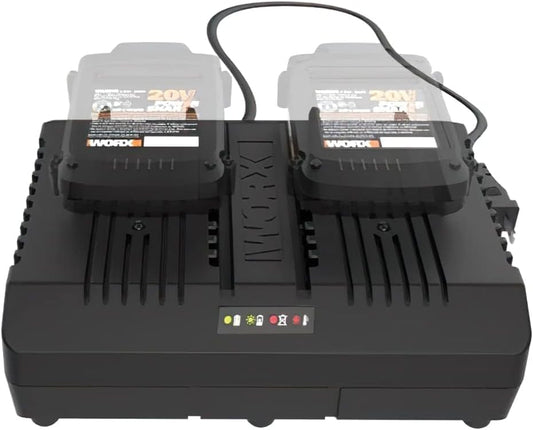 WORX WA3883 Dual-Ladegerät – gleichzeitige Aufladen von 2X WORX 20V Akkus – 4A Ladestrom – 2 Lademodi – für alle PowerShare