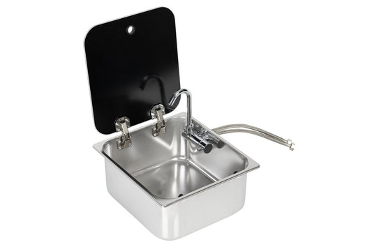 Carbest Spüle mit Glasabdeckung aus Edelstahl, mit Glasabdeckung und mit Wasserhahn