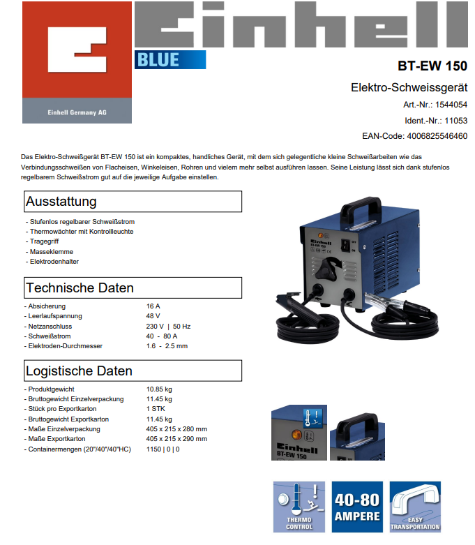 Einhell Elektro-Schweißgerät Elektrodenschweißgerät BT-EW 150