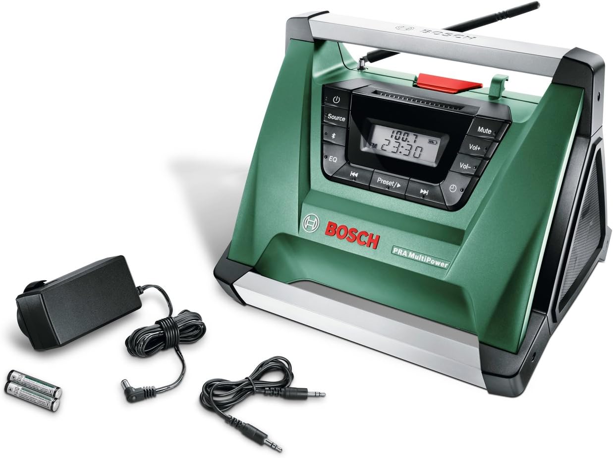 Bosch DIY Akku-Radio PRA Multipower, ohne Akku, Aux-In Kabel, Netz-Adapter, 2x AAA Batterien (18V, Radiofrequenzbereich AM 522 – 1.611 kHz)