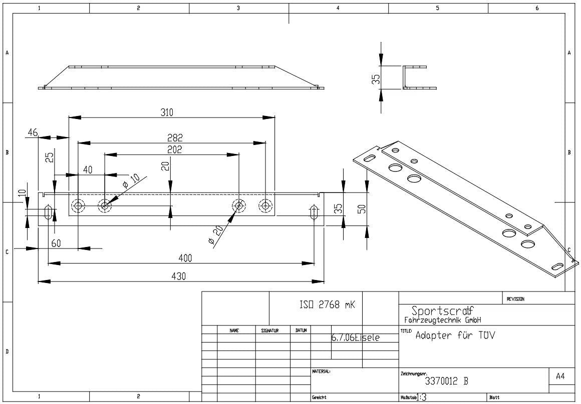Sportscraft Adapter Adapterprofil starr EC 230-244 (D) für Sportscraft Pilotensitze an Fiat Ducato Typ 230 Art.Nr. 91184