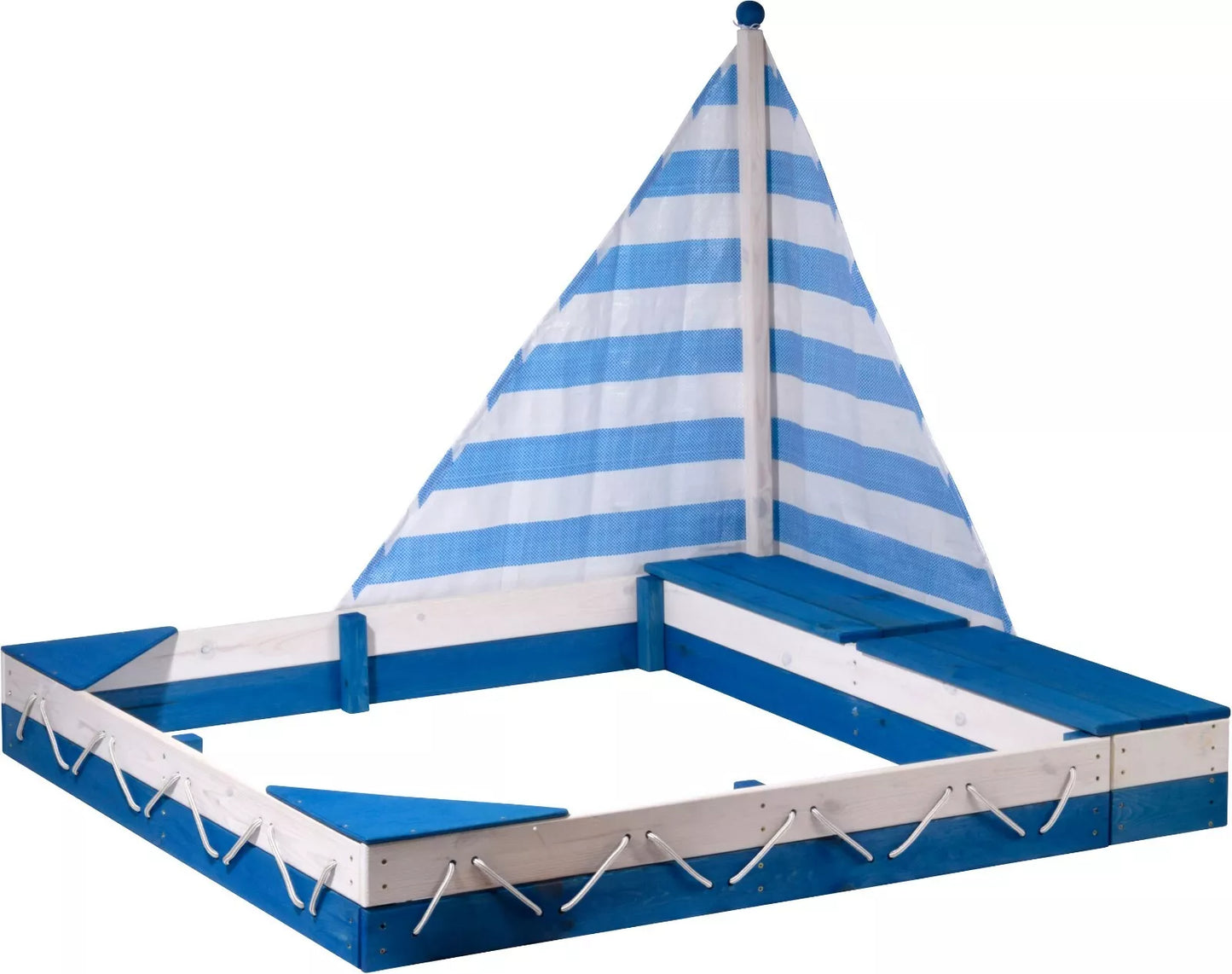 Dobar Sandkasten aus lasiertem Holz mit Segel, Maritim, Sitzbank mit 2 Fächern, 138x120x114 cm