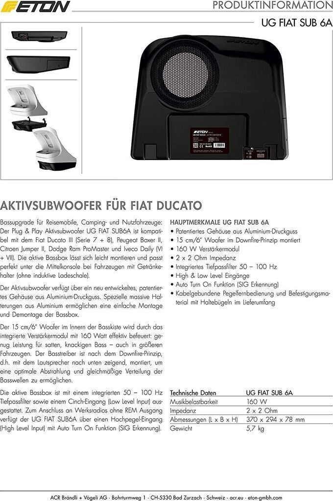 Eton UG FIAT SUB 6A Aktiver Subwoofer Aktivsubwoofer für Fiat Ducato ab Bj. 07/2006