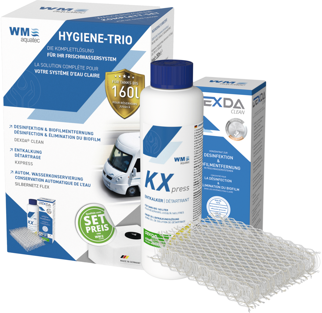 WM Aquatec Hygiene-Trio Desinfektion für das Frischwassersystem, Entkalkung, Wasserkonservierung, für 60l / 160l Tankgröße