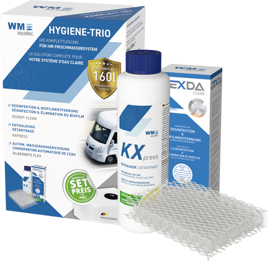 WM Aquatec Hygiene-Trio Desinfektion für das Frischwassersystem, Entkalkung, Wasserkonservierung, für 60l / 160l Tankgröße